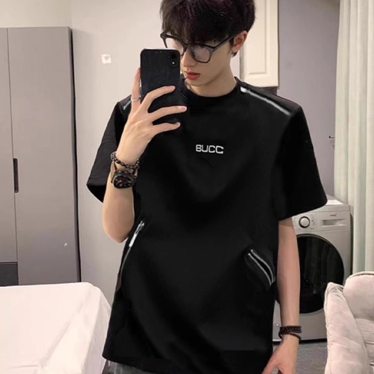 解构拉链垫肩短袖t恤男重磅半袖体恤美式高街潮牌痞帅宽松五分袖