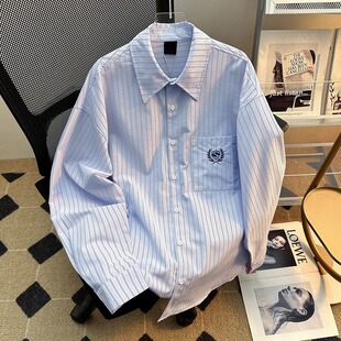 美式休闲oversize拼接徽章刺绣条纹长袖衬衫男女复古衬衣外套男士