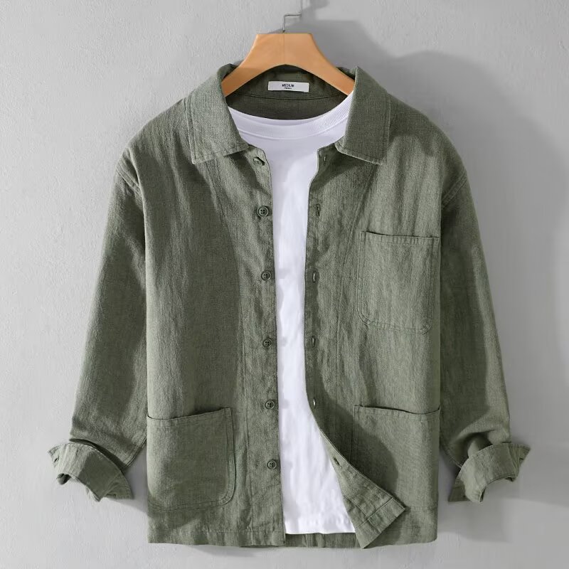 男士纯棉长袖衬衫春秋季宽松苎麻