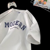 白色刺绣短袖 体恤 拉链衣服宽松青少年重磅半袖 t恤男夏季 潮牌美式