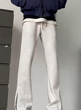 白灰色拉链微喇卫裤男夏季薄款运动裤子高个子美式修身窄版直筒裤