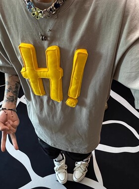 浅灰色纯棉立体撞色字母短袖t恤女夏季美式潮牌oversize高街上衣