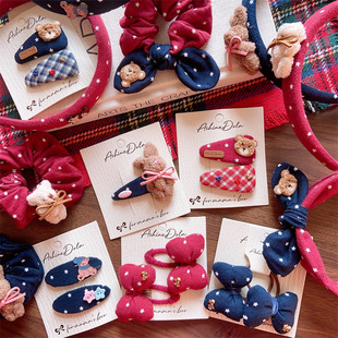 韩ins儿童冬印花星星酒红撞色发箍女童亲子款安哥格纹小熊发夹绳