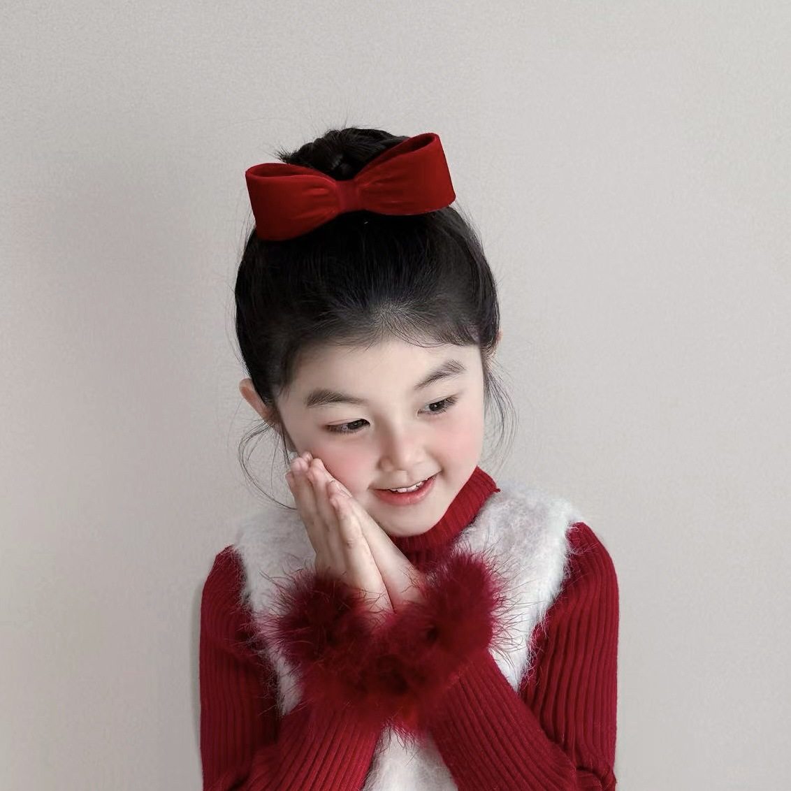 韩版ins新年款立体丝绒酒红儿童蝴蝶结发夹宽版发箍头箍顶夹发圈