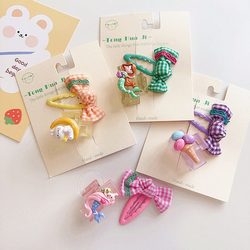 新款ins卡通美人鱼抓夹格子蝴蝶结bb夹儿童发饰2件套对装头饰发卡