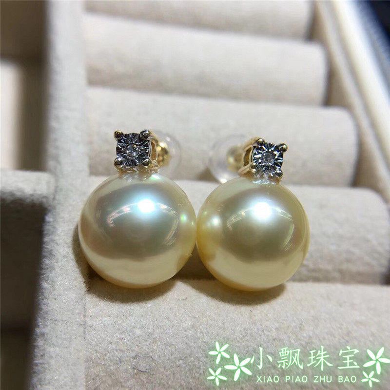 香槟金正金色澳洲南洋金珠耳环 18K金钻石王妃款天然海水珍珠耳钉