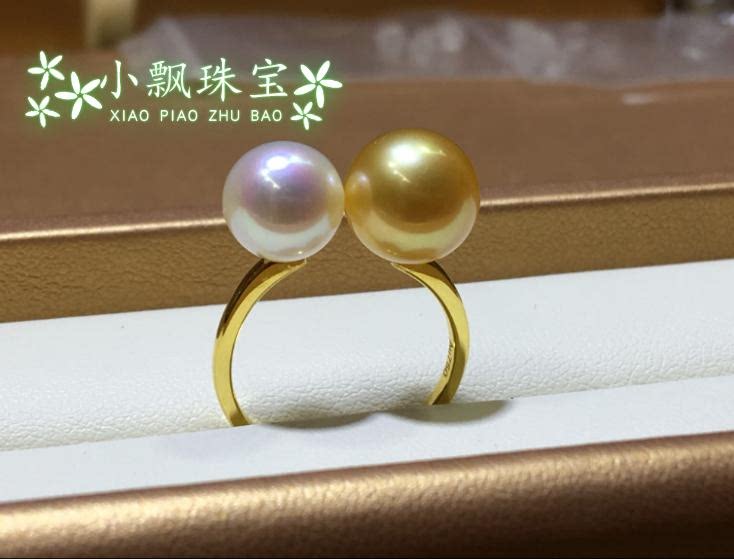 南洋金珠+AKOYA双珠戒指 厚金K金戒指 正圆极强光珍珠礼物