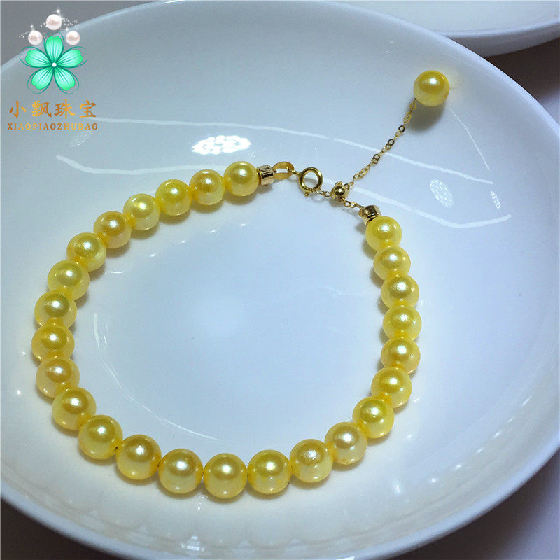 akoyay羽皇金色珍珠手链 正圆金色天然海水珍珠手链 可调节扣