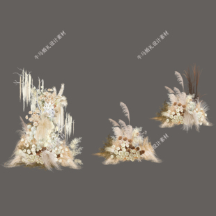 黑金色花艺白色香槟色毛毛龙须草大气婚礼手绘花艺素材psd源文件