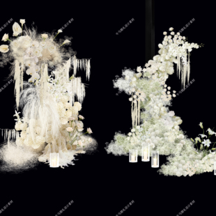 黑金色花艺白色香槟色毛毛龙须草大气婚礼手绘花艺素材psd源文件