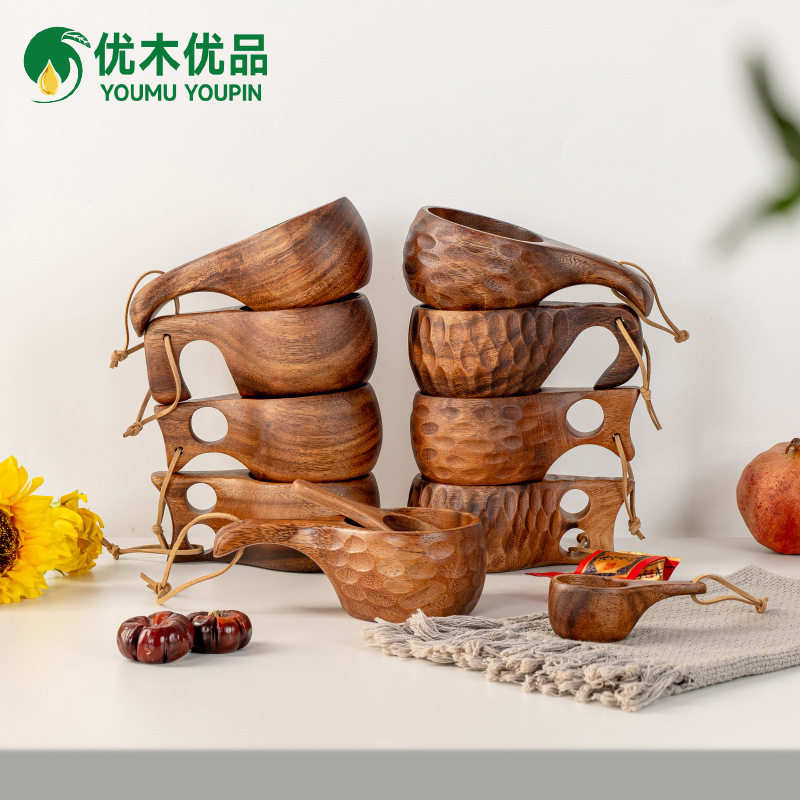 南美胡桃木牛奶杯创意带手柄马克杯咖啡杯龟甲芬兰随手杯便携户外