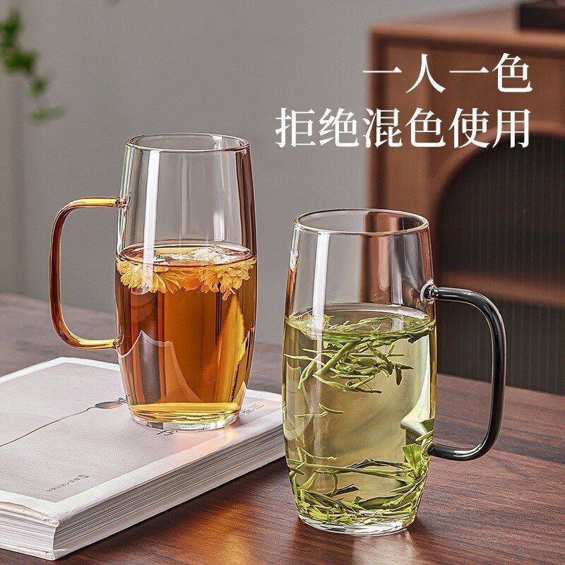高硼硅加厚玻璃杯耐热办公喝茶杯大容量透明泡茶杯彩把牛奶单层杯