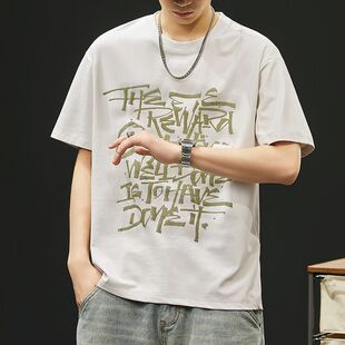 2026新款夏季男士短袖T恤圆领棉青少年男式休闲刺绣字母涂鸦印花