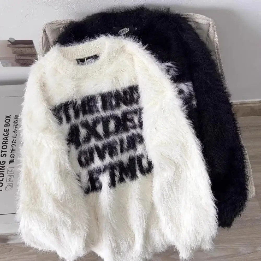 慵懒风仿貂绒oversize毛衣男女秋冬宽松字母小众圆领潮牌针织衫