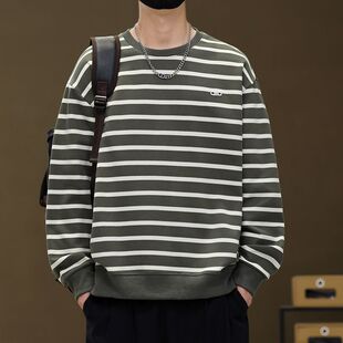 2026新款秋季男士长袖T恤圆领棉卫衣青少年男式休闲条纹字母钢印