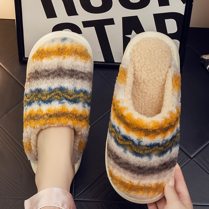 秋冬季条纹毛毛拖鞋男女情侣居家室内防滑静音厚底保暖加绒棉拖鞋