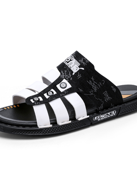 男鞋一字拖鞋夏季露趾套脚平底牛皮面英伦凉鞋时尚拼色印花凉拖鞋