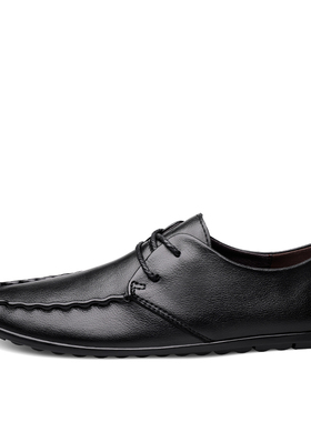 男鞋平底鞋小皮鞋春季低帮牛皮面系带大码休闲豆豆鞋商务正装单鞋