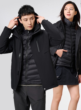 探路者羽绒冲锋衣男三合一冬季黑色登山服TAWWAK91505/92508-G01X