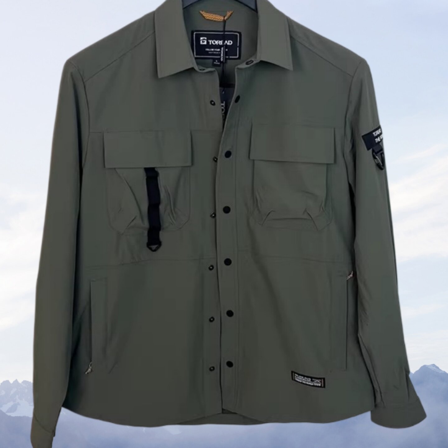 探路者军绿色男式衬衫外套网里衬春秋多口袋工装圆弧下摆长袖衬衣