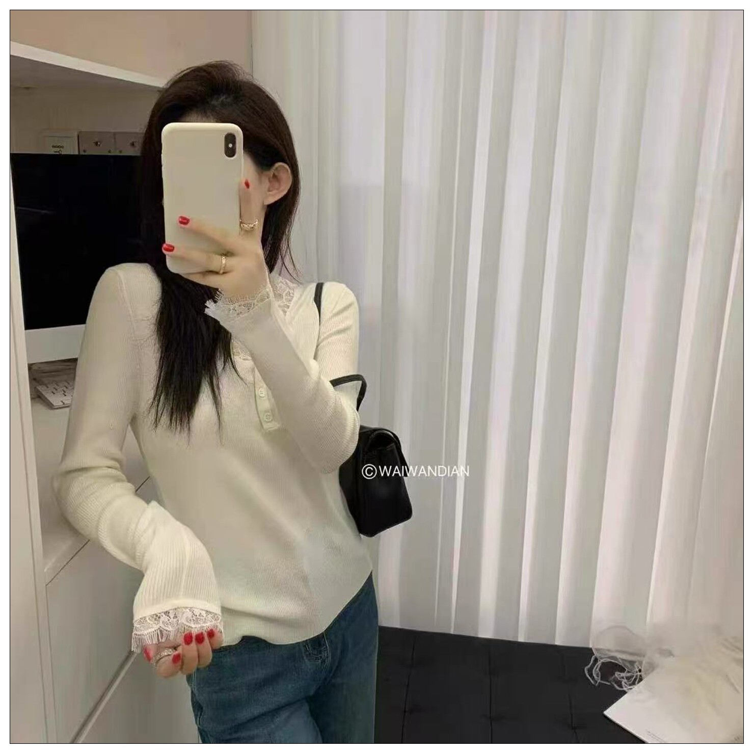 法式白色蕾丝拼接V领女针织衫