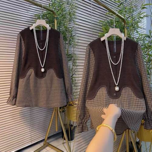 格子拼接设计款衬衫大码女装显瘦