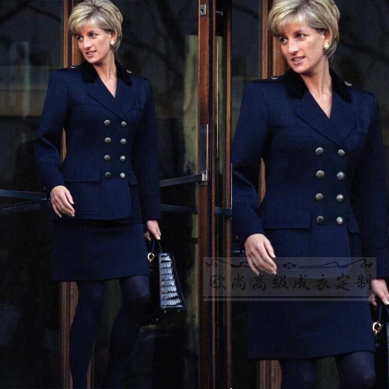 高级定制戴安娜王妃同款藏蓝色羊毛西装外套半裙职业西服套装商务