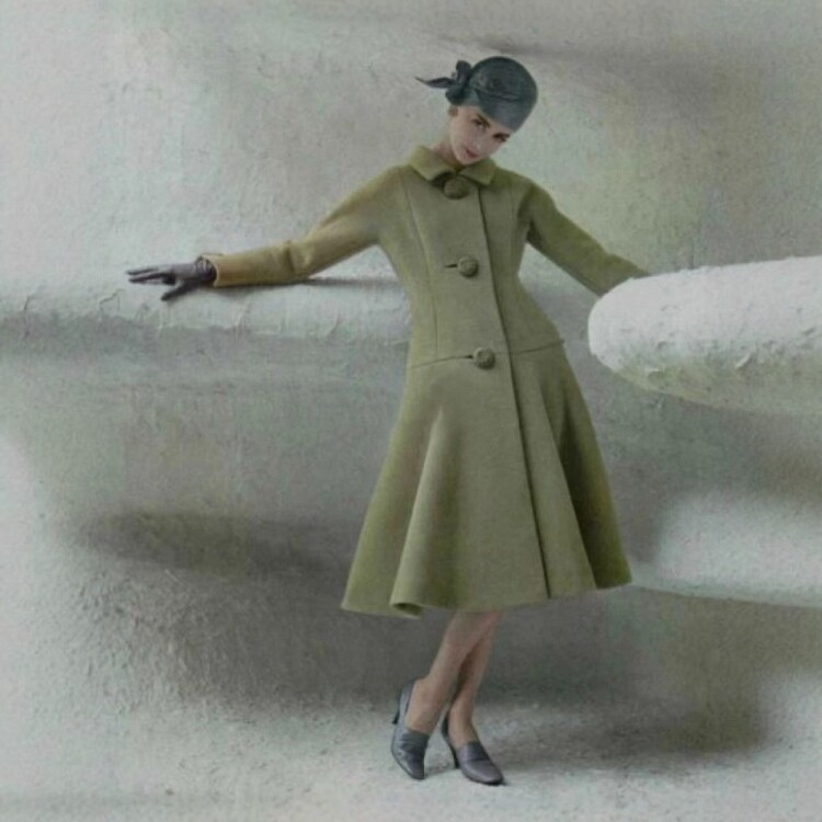 高级定制1950S经典浅绿色单排扣连袖羊毛大衣中长款大摆优雅复古