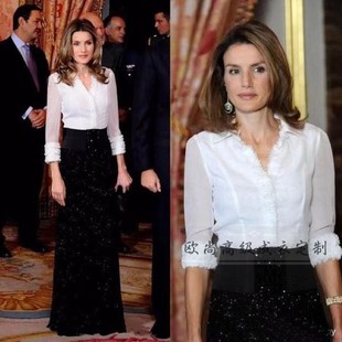 高端定制西班牙王妃同款白色衬衫+黑色粗花呢半身长裙时尚套装OL