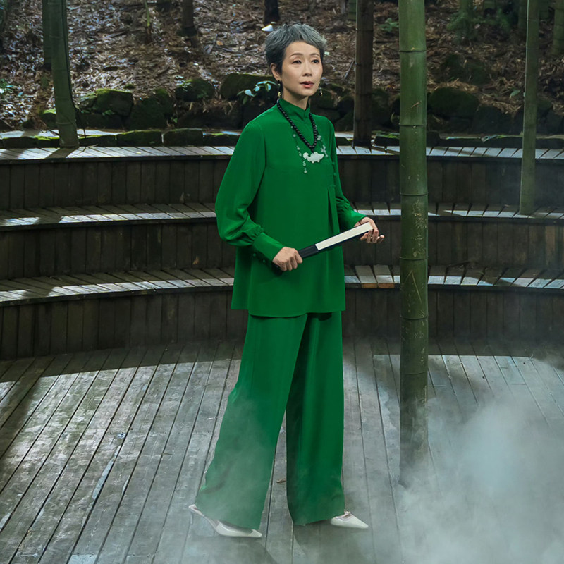 叶童同款高领绿色真丝新中式衬衫阔腿裤两件国风套装春夏宽松优雅,女装/女士精品,时尚套装,淘宝优惠券,粉丝福利购,淘宝优惠卷