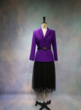 高级定制紫色丝毛夹克西装外套+黑色原点网纱半裙时尚修身套装裙
