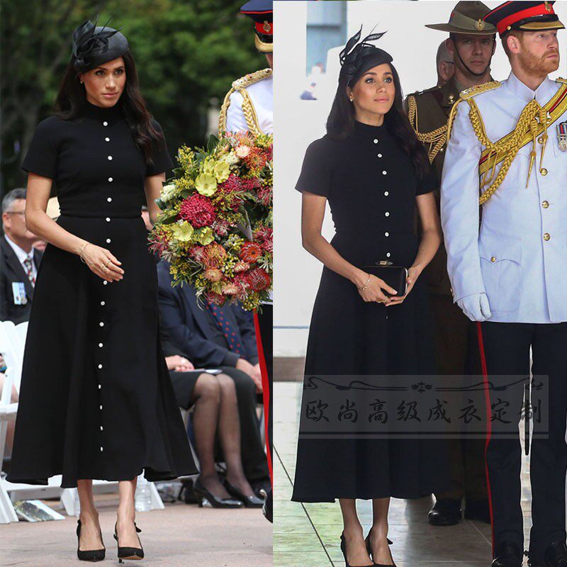 高级定制梅根王妃同款短袖小立领黑色连衣裙女修身复古优雅小黑裙