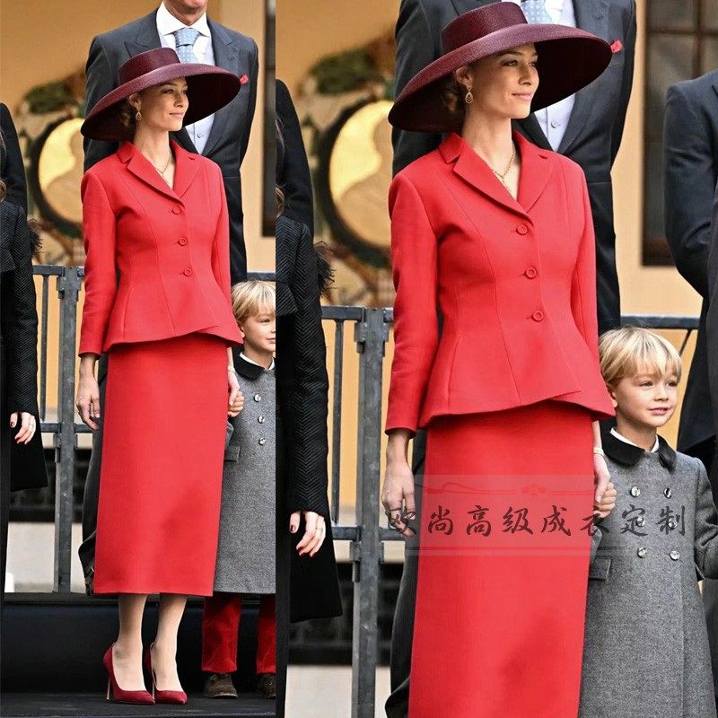 高级定制王妃同款红色丝毛西装套装裙女修身优雅时尚名媛通勤春秋