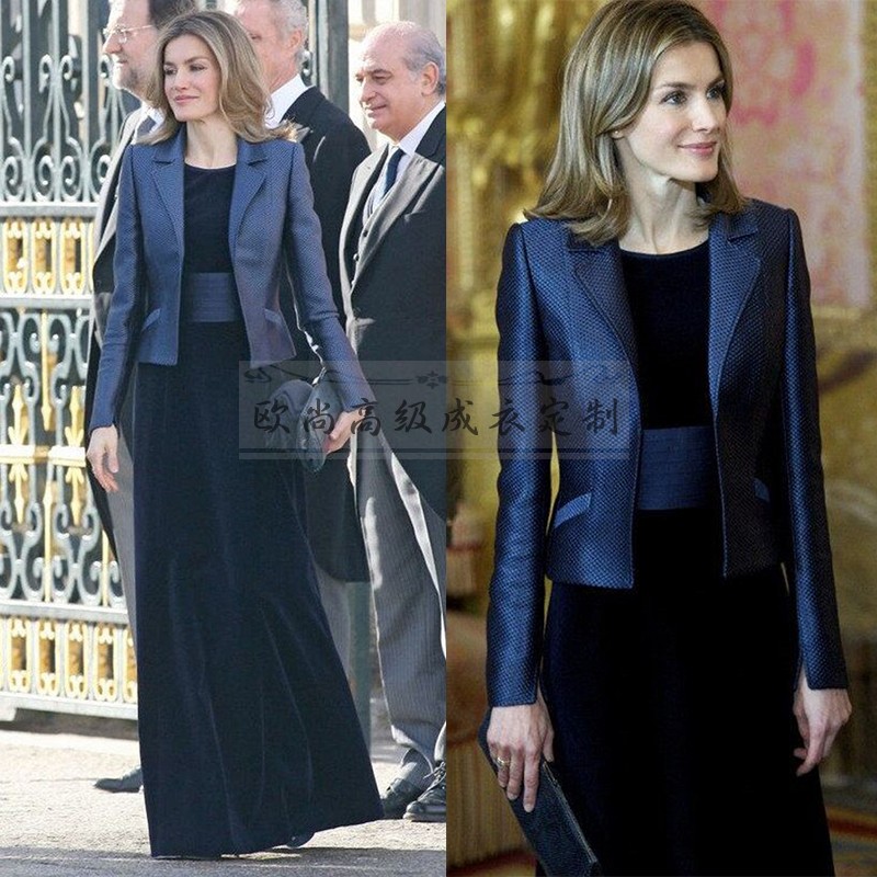高端私人定制西班牙王妃同款藏蓝色西装外套 丝绒礼服裙时尚套装