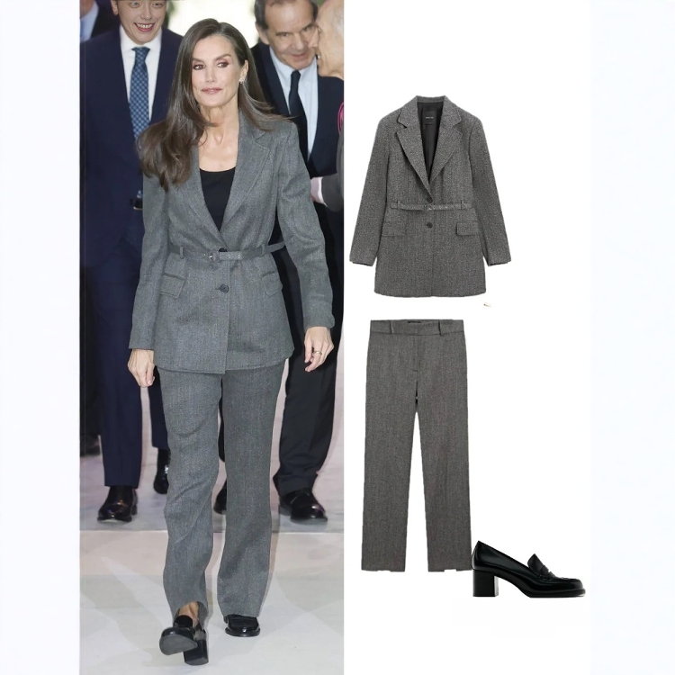 高级定制西班牙王后同款灰色纯羊毛西装外套+直筒裤修身商务套装