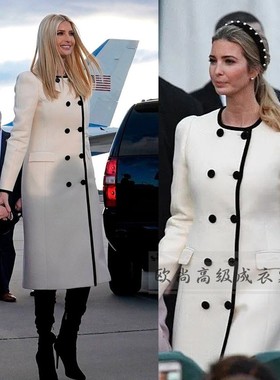 高端定制伊万卡同款乳白色双排扣圆领羊毛大衣外套女长款修身时尚