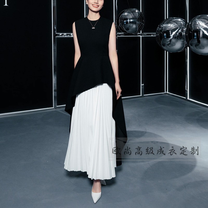 黑白拼接百褶连衣裙女不规则设计感长裙优雅气质时尚夏季轻奢礼服