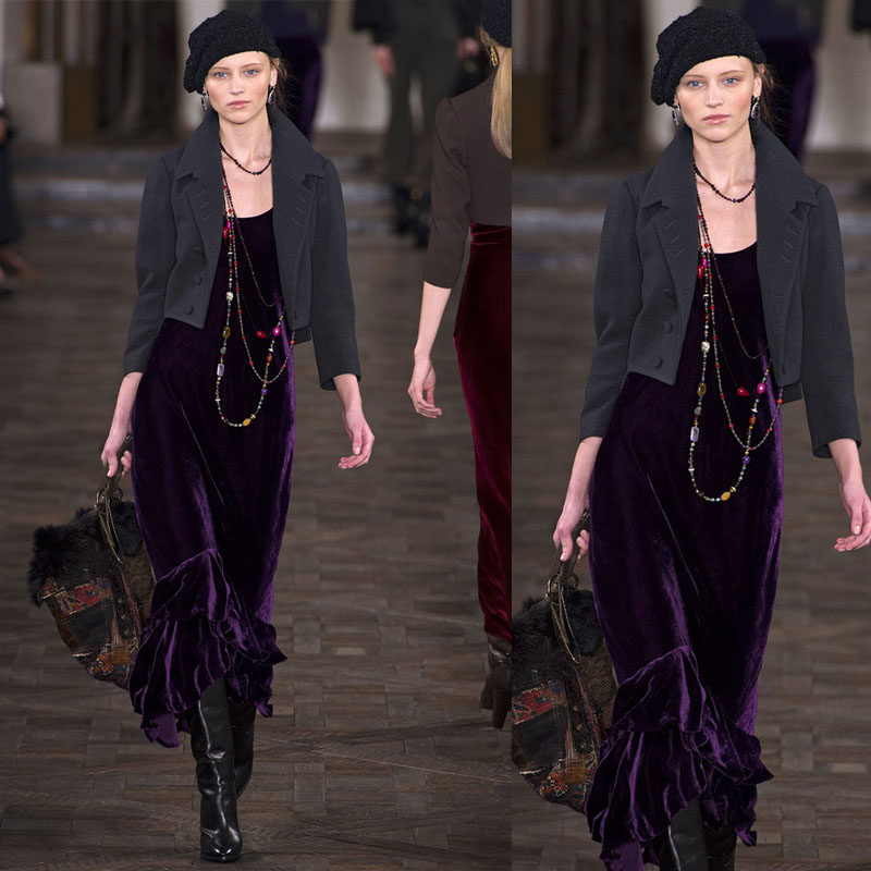 高端定制秀场同款深灰色羊毛小西装外套+紫色吊带丝绒连衣裙套装