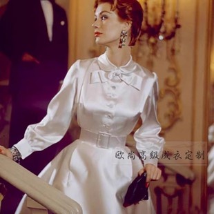赫本同款白色娃娃领衬衫式丝缎连衣裙女收腰大摆裙长款法式优雅夏