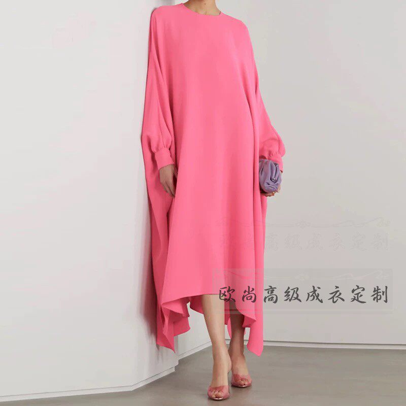 高级定制桃红色真丝连衣裙女长款不规则桑蚕丝礼服裙宽松版优雅夏