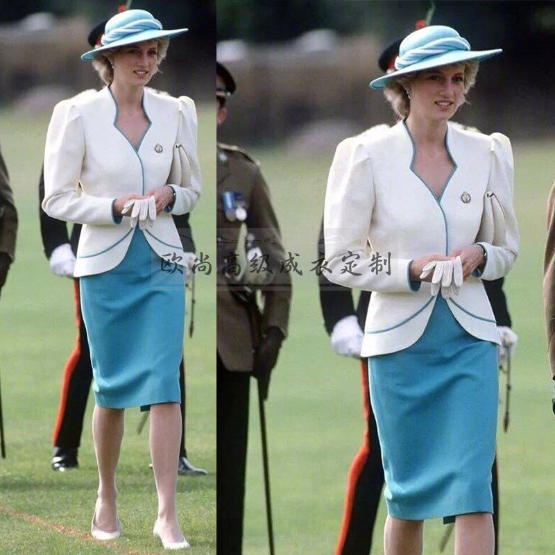 高端私人定制戴安娜王妃同款白色外套+蓝色半裙时尚套装修身优雅