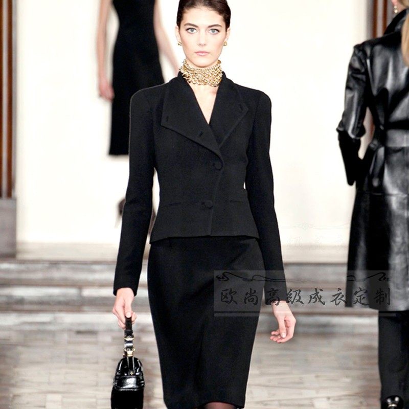 经典秀场老钱风黑色羊毛西装套装裙女修身显瘦职业干练赫本风大牌