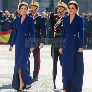 欧美 修身 高端定制莱蒂齐亚西班牙王后同款 青果领蓝色连衣裙女长款