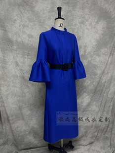 高端定制立领蓝色丝毛中式连衣裙喇叭袖中长款优雅高贵大气