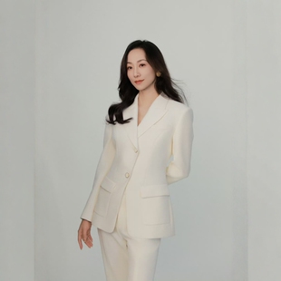 两件西服套装 阔腿直筒长裤 外套 高级定制米白色纯羊毛单排扣西装