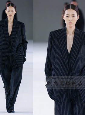 高级定制刘雯走秀黑色竖条纹羊毛西装套装阔腿裤两件西服帅气时尚