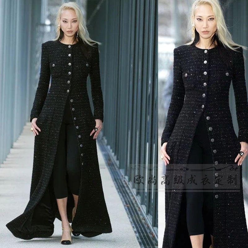 高级定制走秀新款单排扣修身显瘦黑色圆领粗花呢大衣外套女长款冬
