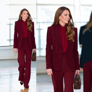高级定制凯特王妃同款酒红色纯羊毛西装套装裤衬衫三件商务套装春