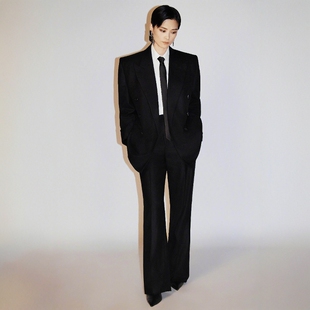 子摩登大牌套装 高端定制李宇春同款 裤 外套 秋冬 黑色宽肩廓形西装
