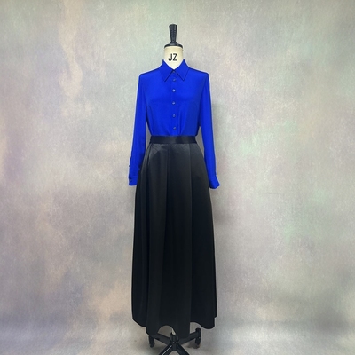 高级定制宝蓝色重磅真丝衬衫+黑色缎面半裙长款时尚套装裙通勤OL